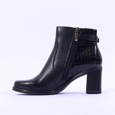 Tamaris Mirella Croc Heel Side Zip Boot - Black Leather