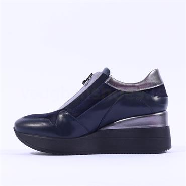 Marco Moreo Gianna Front Zip Wedge Shoe - Navy Pewter