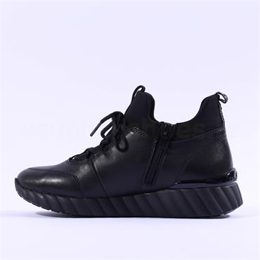 Remonte Laced Trainer With Side Zip - Black Leather