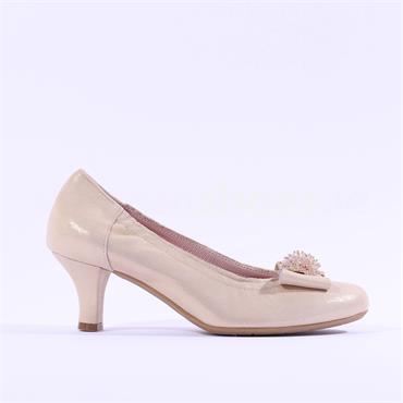 Le Babe Crystal Bow Mid Heel Court Shoe - Gold Shimmer