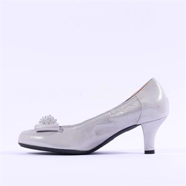Le Babe Crystal Bow Mid Heel Court Shoe - Silver Shimmer