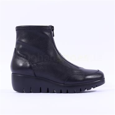 Wonders Front Zip Wedge Boot - Black Leather