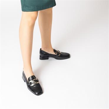 Wonders Flare Heel Slip On Buckle Loafer - Black Leather