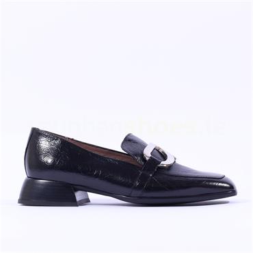 Wonders Flare Heel Slip On Buckle Loafer - Black Leather